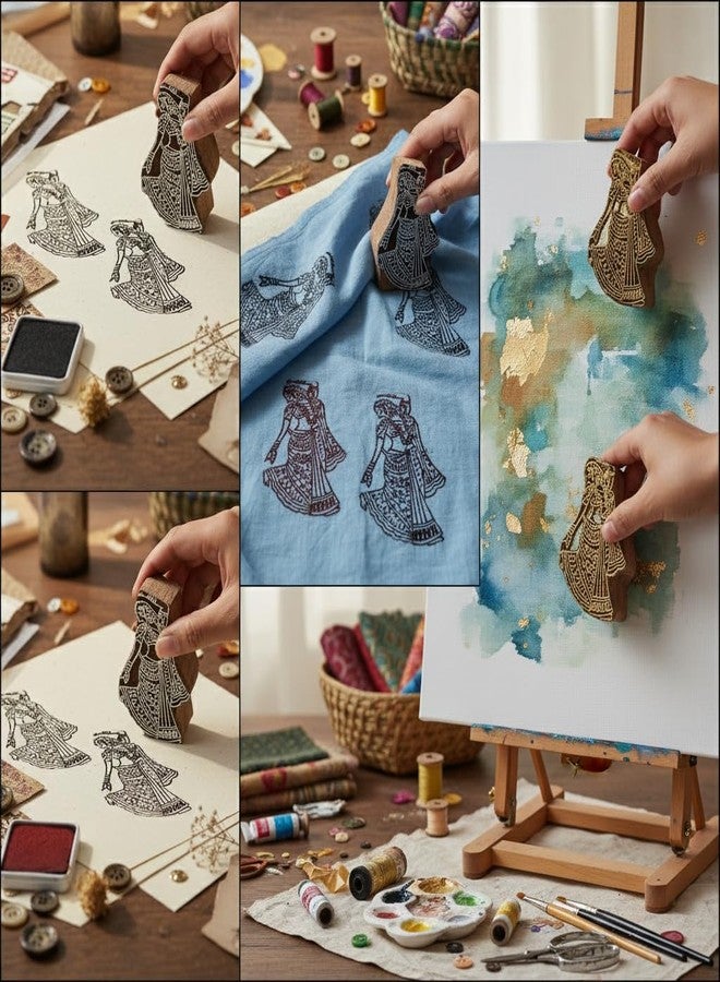 itsy-bitsy Itsy Bitsy Hand Carved Wooden Printing Block Dancing Lady W 2inch X L 5inch 1pc Folk Art Textile Stamp for Saree Border & Craft Design - Image 3