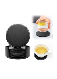 XiuWoo 6Pcs PU Leather Coasters with Holder for Drinks Heat Resistance Mats Coffee Coaster Protect Furniture Holding Cups Sports Bottles Black  - Image 1