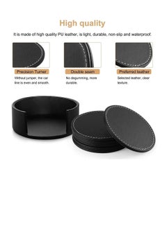 XiuWoo 6Pcs PU Leather Coasters with Holder for Drinks Heat Resistance Mats Coffee Coaster Protect Furniture Holding Cups Sports Bottles Black  - Image 2