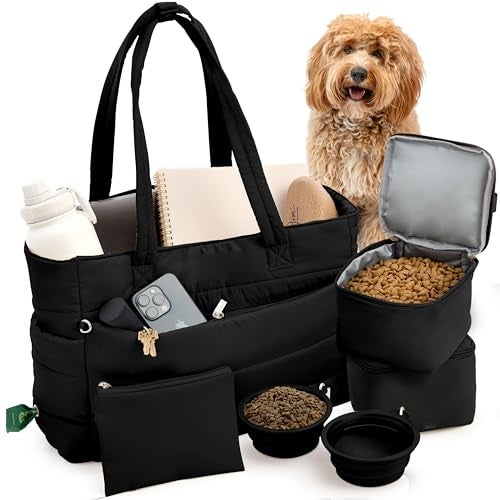 rubyloo Puffer Dog Travel Bag for Dog Moms Doggy Diaper Bag with Pet Bowls Food Storage or Everyday Puffy Tote Doggy Mom Gifts for Women Lightweight TravelReady Gift for Pet Lovers Black - Image 1