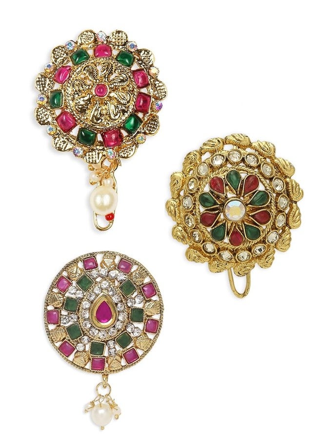 Fabula Jewellery Combo of 3 Red Maroon & Green Stones Ethnic Hair Bun Pin - Juda Pin | Floral Design with Pearls For Women & Girls Stylish Latest (HST13-9-1_Z)- For Women & Girls Stylish Latest