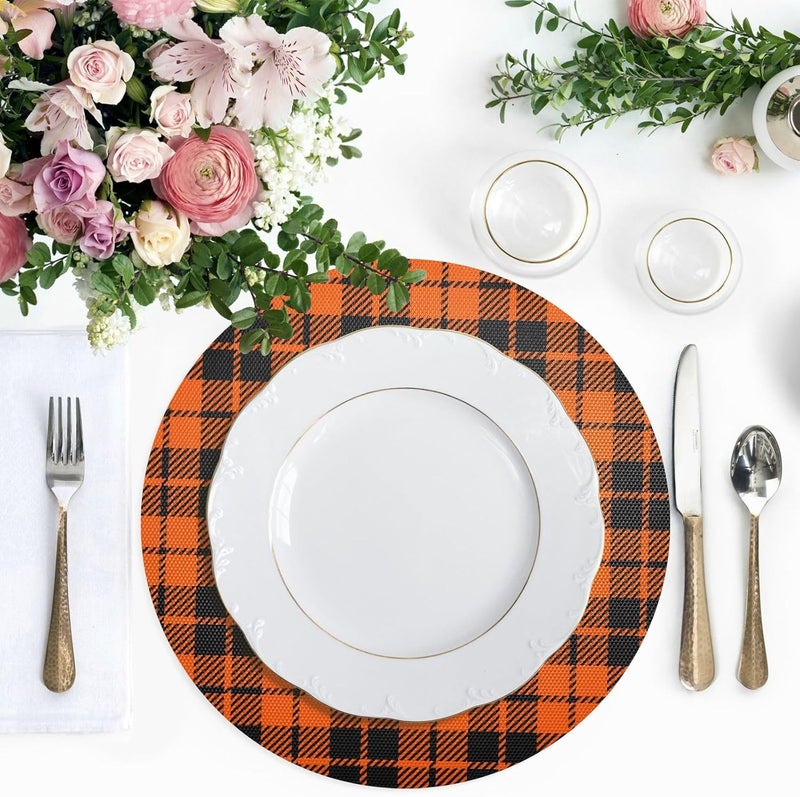 Kcldeci Autumn Fall Halloween Placemats for Dining Table Set of 6 Buffalo Check Round Place mats Tablemats for Kitchen Dining Table Decoration Indoor Outdoor - Image 4