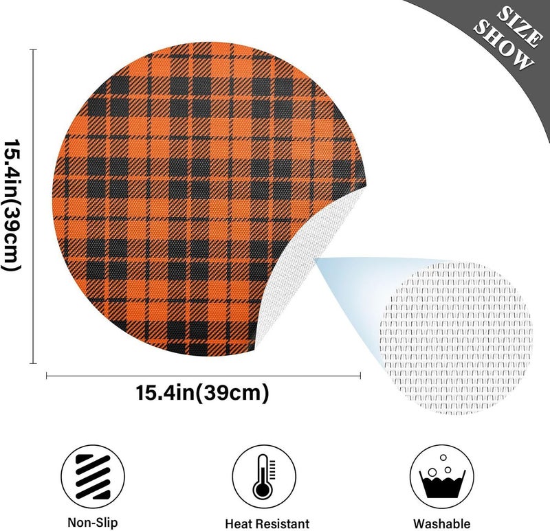 Kcldeci Autumn Fall Halloween Placemats for Dining Table Set of 6 Buffalo Check Round Place mats Tablemats for Kitchen Dining Table Decoration Indoor Outdoor - Image 3