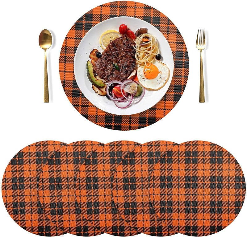 Kcldeci Autumn Fall Halloween Placemats for Dining Table Set of 6 Buffalo Check Round Place mats Tablemats for Kitchen Dining Table Decoration Indoor Outdoor - Image 2