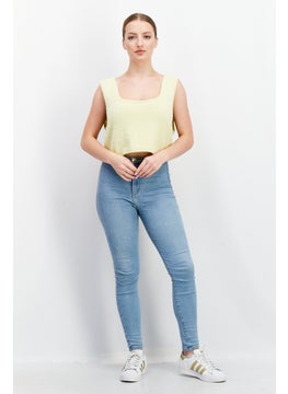 Lola May Women Square Neck Sleeveless Solid Crop Top, Lemon Green  - Image 4