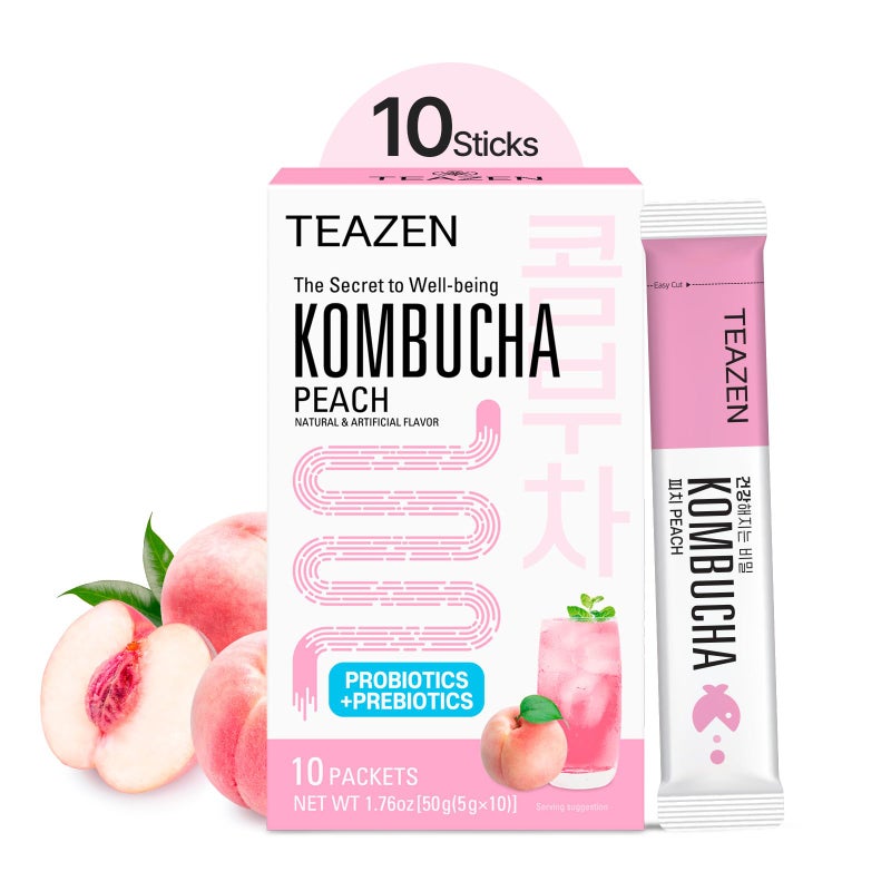 TEAZEN Peach Kombucha Tea, Hydration Drink Mix, Sugar Free, Live Probiotics & Prebiotics, 10 Sticks, 1.76oz - Image 1