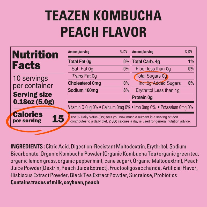 TEAZEN Peach Kombucha Tea, Hydration Drink Mix, Sugar Free, Live Probiotics & Prebiotics, 10 Sticks, 1.76oz - Image 5
