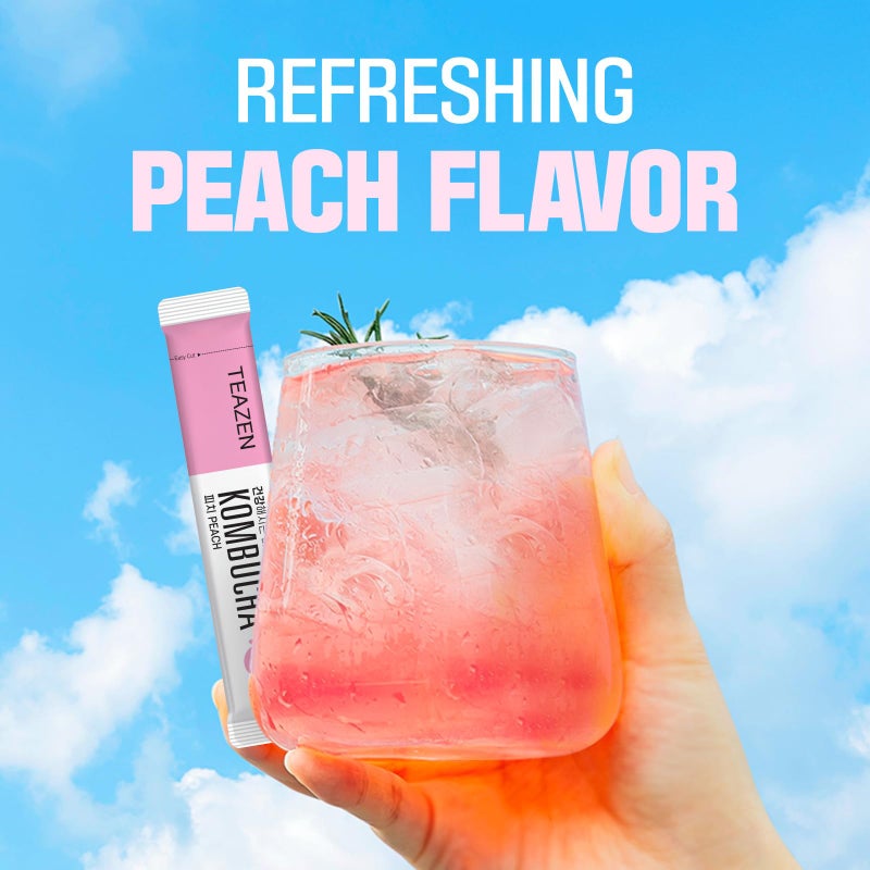 TEAZEN Peach Kombucha Tea, Hydration Drink Mix, Sugar Free, Live Probiotics & Prebiotics, 10 Sticks, 1.76oz - Image 2