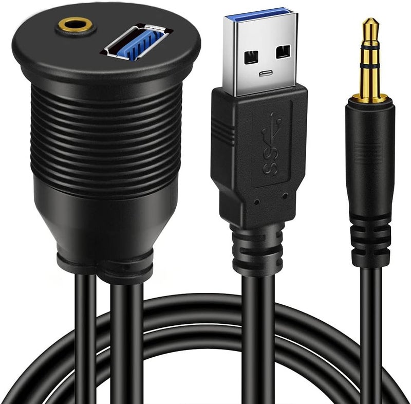 BATIGE USB 3.0 & 3.5mm Car Mount Flush Cable 3.5mm + USB3.0 AUX Extension Dash Panel Waterproof Mount Cable for Car Boat and Motorcycle - 3ft - Image 1