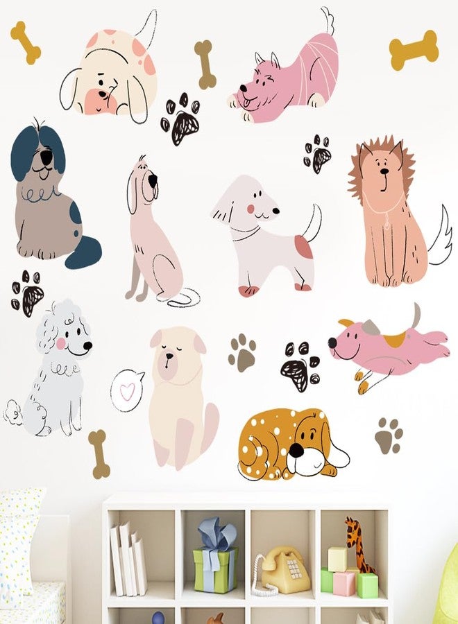 SUPERDANT Cartoon Dogs Wall Stickers Puppy and Bones Wall Decal Kids Room Peel and Stick Art Sticker DIY Animals Colorful Vinyl Mural for Nursery Kids Bedroom Playroom Classroom 90x30CM - Image 1