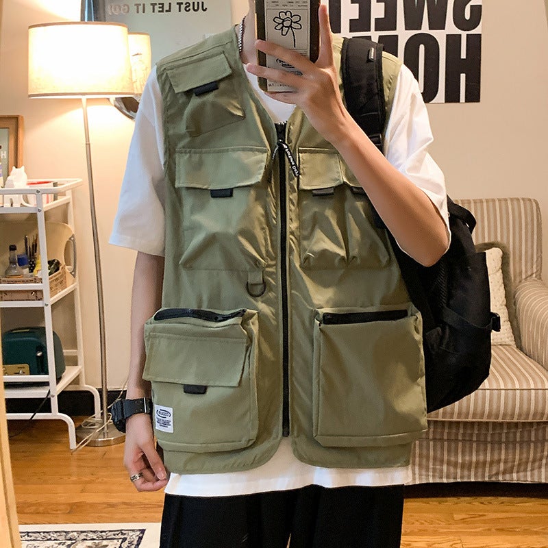 Multi-Pocket Workwear vest mens Korean-style trendy ins handsome waistcoat summer New loose sleeveless top Green - Image 1