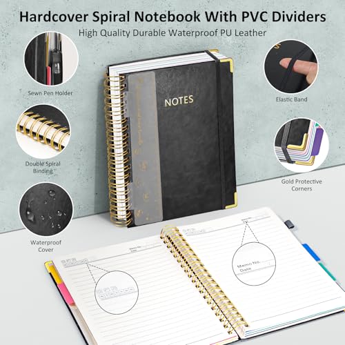RIANEAN Hardcover Spiral Notebook Journal, 8"x10" Large B5 Notebooks with Removable Dividers Tabs, 300 Pages Leather 5 Subject Notebook College Ruled, Journal for Work School Note, 100 GSM Thick Paper,Black - Image 3