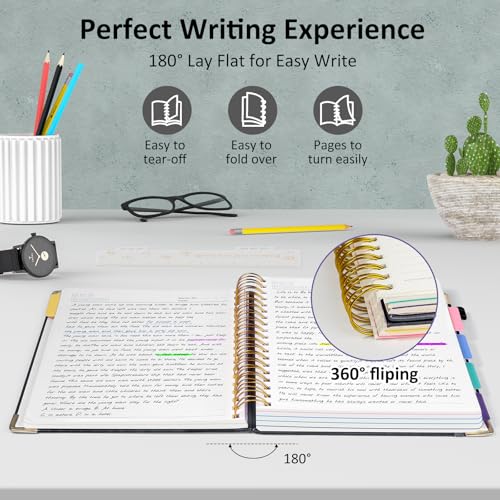 RIANEAN Hardcover Spiral Notebook Journal, 8"x10" Large B5 Notebooks with Removable Dividers Tabs, 300 Pages Leather 5 Subject Notebook College Ruled, Journal for Work School Note, 100 GSM Thick Paper,Black - Image 4
