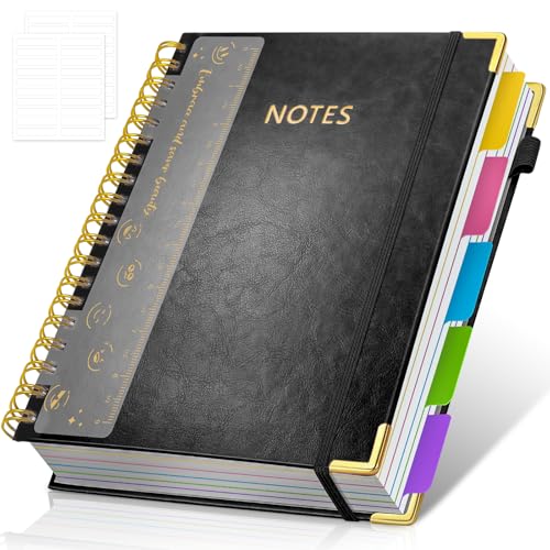 RIANEAN Hardcover Spiral Notebook Journal, 8"x10" Large B5 Notebooks with Removable Dividers Tabs, 300 Pages Leather 5 Subject Notebook College Ruled, Journal for Work School Note, 100 GSM Thick Paper,Black - Image 1