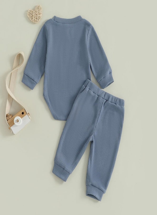 FOMOYUU Newborn Baby Boy Clothes Waffle Letter Embroider Long Sleeve Romper Pullover Tops and Pants Sets Fall Winter Outfits (Blue, 0-3 Months) - Image 4