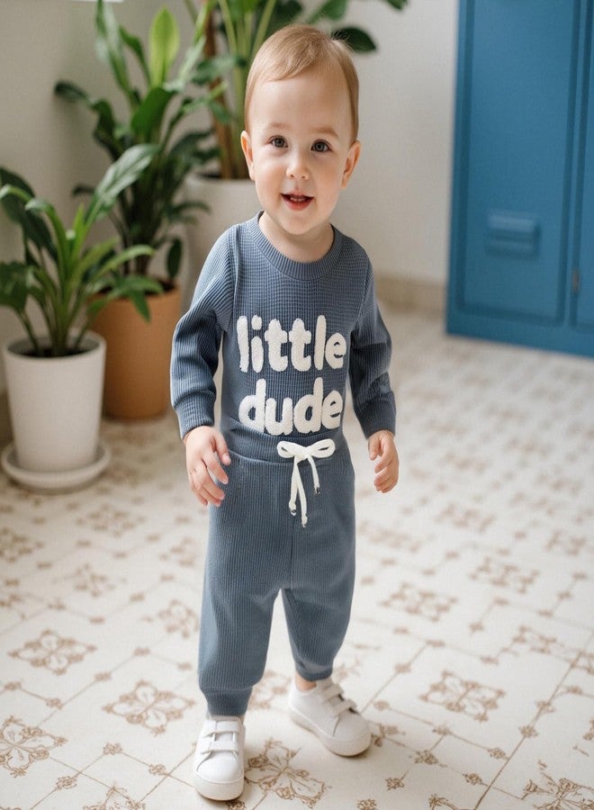 FOMOYUU Newborn Baby Boy Clothes Waffle Letter Embroider Long Sleeve Romper Pullover Tops and Pants Sets Fall Winter Outfits (Blue, 0-3 Months) - Image 5