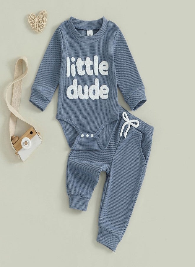 FOMOYUU Newborn Baby Boy Clothes Waffle Letter Embroider Long Sleeve Romper Pullover Tops and Pants Sets Fall Winter Outfits (Blue, 0-3 Months) - Image 2