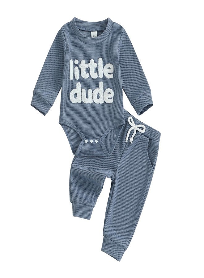 FOMOYUU Newborn Baby Boy Clothes Waffle Letter Embroider Long Sleeve Romper Pullover Tops and Pants Sets Fall Winter Outfits (Blue, 0-3 Months) - Image 1