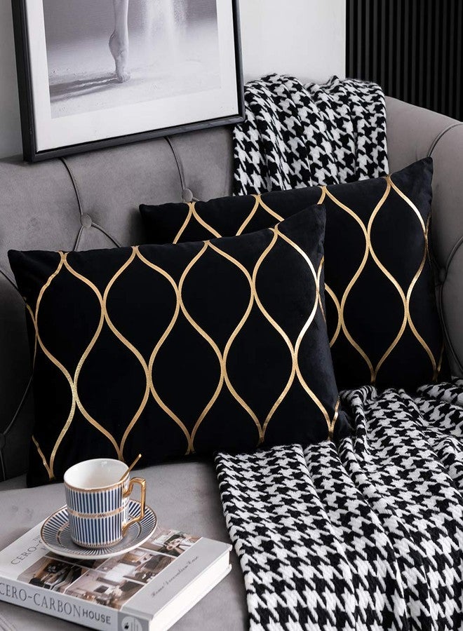 DEZENE 12x20 Inch Gold Velvet Throw Pillow Covers: 2 Pack Rectangular Decorative Pillow Cases for Bedroom Sofa Couch Living Room, Black - Image 1