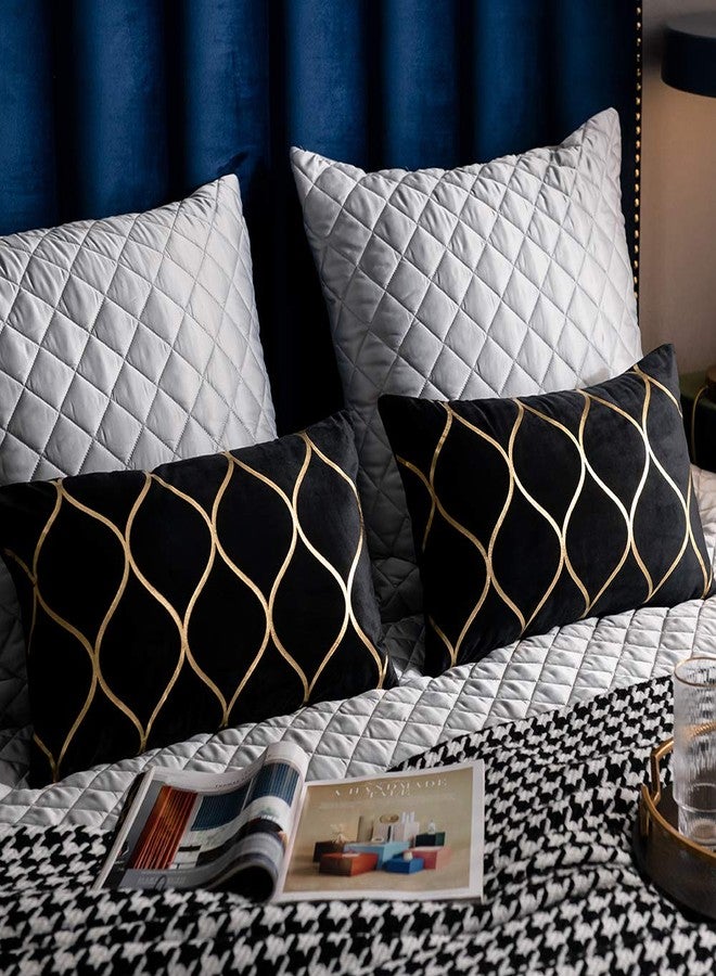 DEZENE 12x20 Inch Gold Velvet Throw Pillow Covers: 2 Pack Rectangular Decorative Pillow Cases for Bedroom Sofa Couch Living Room, Black - Image 4