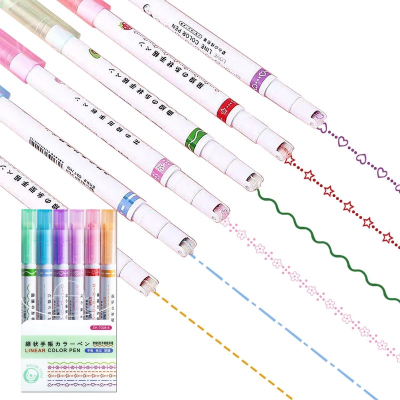 Parshya Designer Linear Roller Curve Highlighter Pens Set, 6 Colored Cute Outline Curve Highlighters Pens, Cool Pens For Kids And Adults, Highlighter Pens For Study, Book, Drawing, Office Use - Image 1