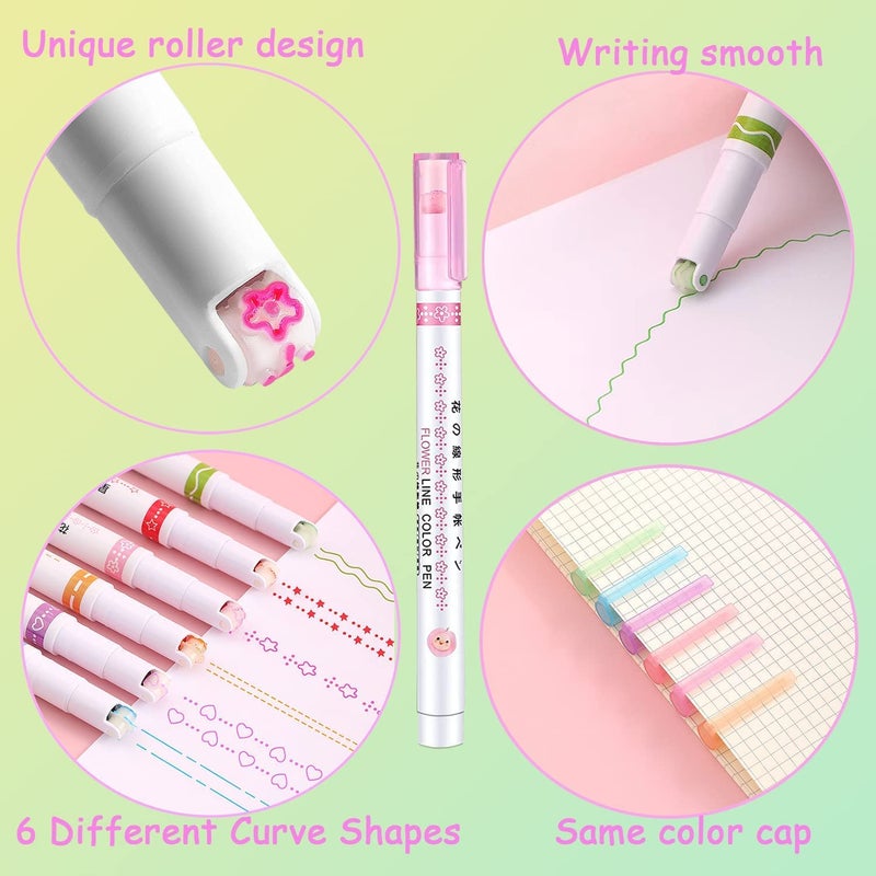 Parshya Designer Linear Roller Curve Highlighter Pens Set, 6 Colored Cute Outline Curve Highlighters Pens, Cool Pens For Kids And Adults, Highlighter Pens For Study, Book, Drawing, Office Use - Image 2