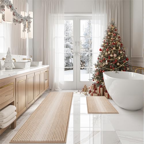 BSICPRO Bathroom Rugs and Mats Sets, 2 Piece Thick Absorbent Chenille Bath Mat Rug Set Non Slip, Soft Shaggy Bath Room Floor Mats for Bathroom, Machine Washable (Beige, 20" x 60" Plus 20" x 32") - Image 1