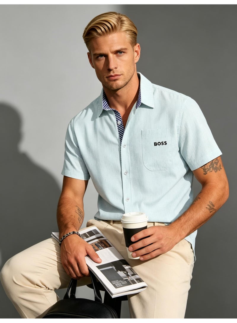 BOSS Men Short Sleeve Summer Button Down Shirt Vacation Mall Hangout Outfit Light Sky Blue - Image 1