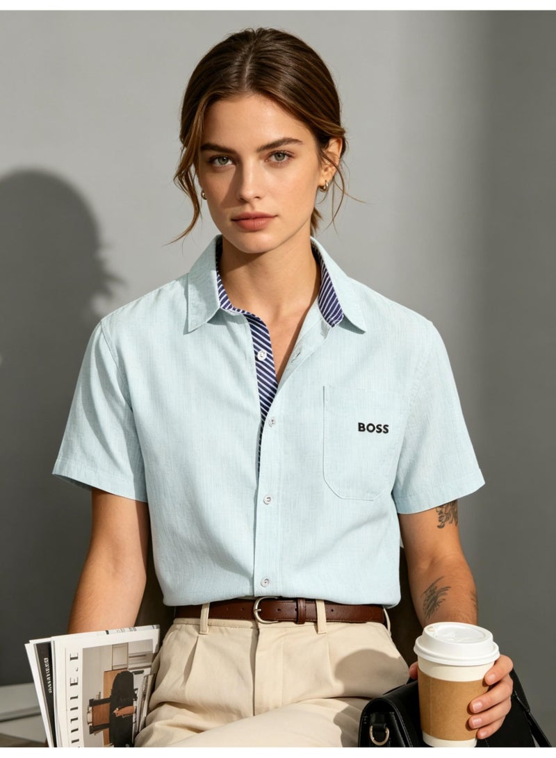 BOSS Men Short Sleeve Summer Button Down Shirt Vacation Mall Hangout Outfit Light Sky Blue - Image 4