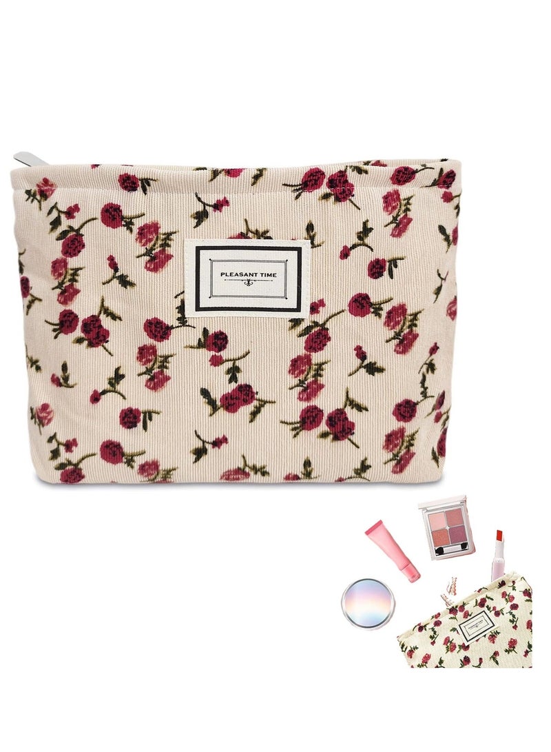 Captaintech Aesthetic Floral Makeup Bag Cute Cosmetic Bag for Women,Large Capacity Corduroy Makeup Organizer Bag,Travel Toiletry Bag Skincare Bag(Beige Rose) - Image 1
