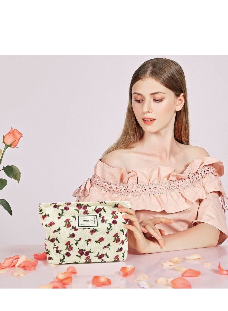 Captaintech Aesthetic Floral Makeup Bag Cute Cosmetic Bag for Women,Large Capacity Corduroy Makeup Organizer Bag,Travel Toiletry Bag Skincare Bag(Beige Rose) - Image 2