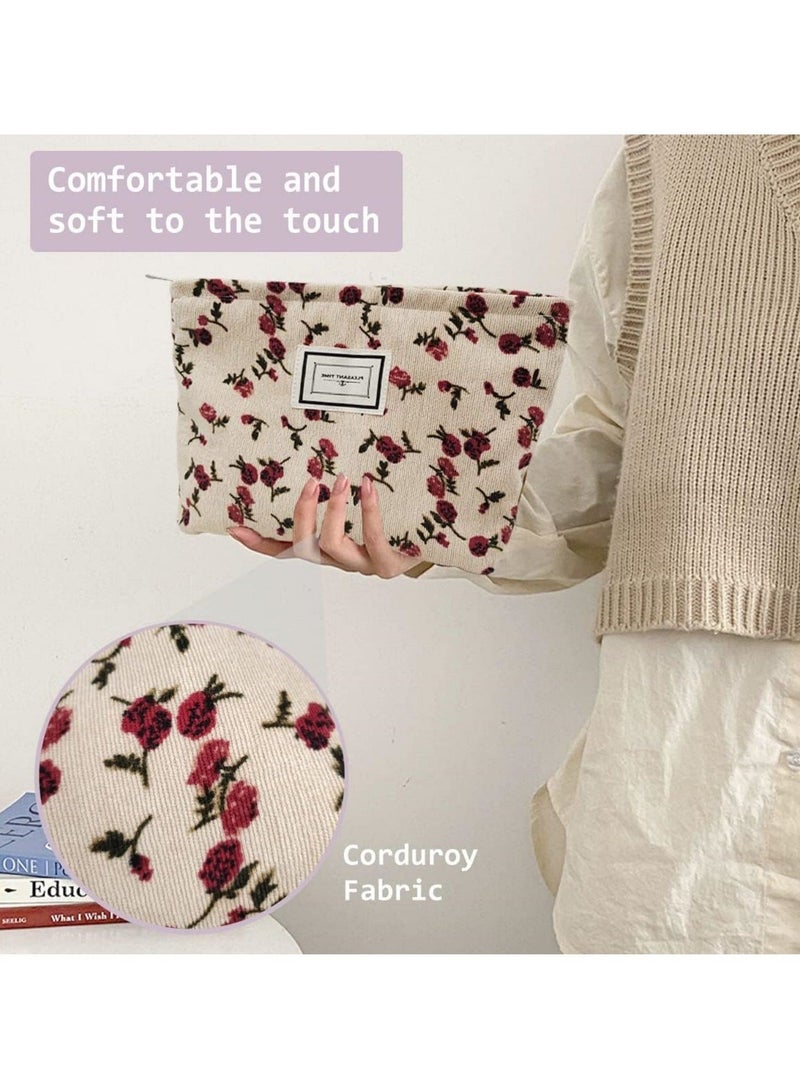 Captaintech Aesthetic Floral Makeup Bag Cute Cosmetic Bag for Women,Large Capacity Corduroy Makeup Organizer Bag,Travel Toiletry Bag Skincare Bag(Beige Rose) - Image 3