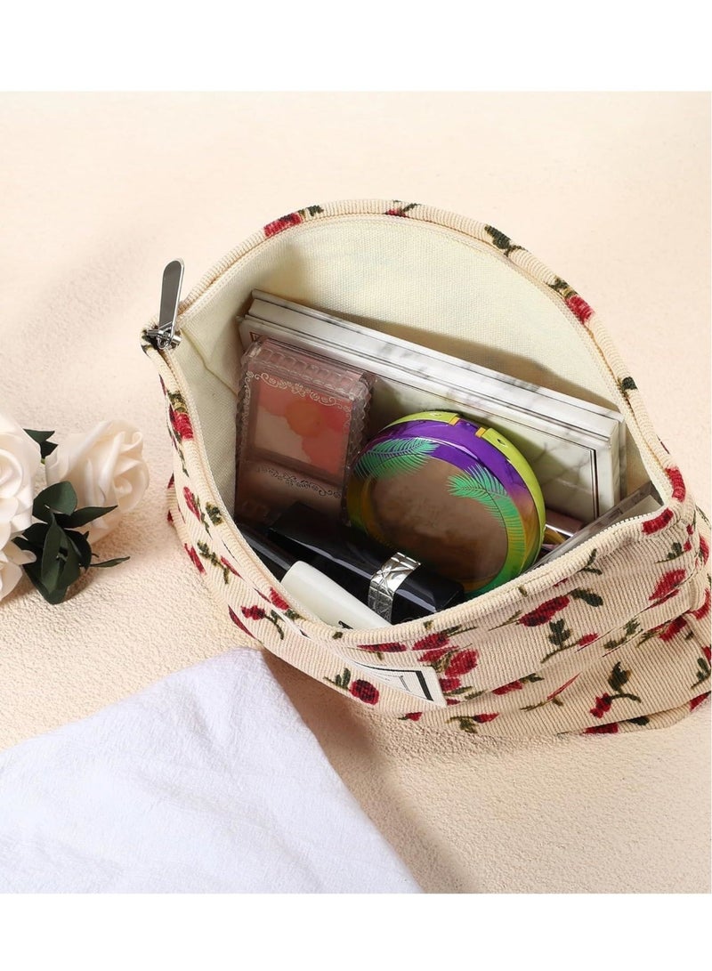 Captaintech Aesthetic Floral Makeup Bag Cute Cosmetic Bag for Women,Large Capacity Corduroy Makeup Organizer Bag,Travel Toiletry Bag Skincare Bag(Beige Rose) - Image 4