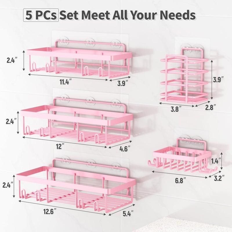 Liuoud Shower Caddy 5 Pack  Bathroom Shower Organizer Rack for Inside Shower  Adhesive Shower Shelf  Shampoo Holder  Shower Basket  Metal Wall Storage  Pink - Image 5