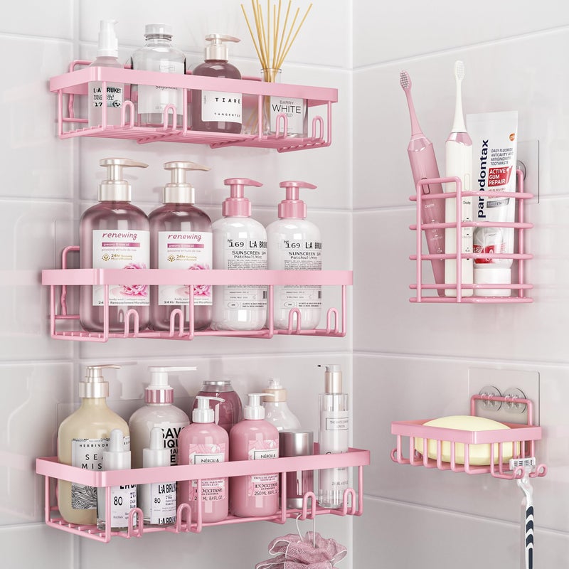 Liuoud Shower Caddy 5 Pack  Bathroom Shower Organizer Rack for Inside Shower  Adhesive Shower Shelf  Shampoo Holder  Shower Basket  Metal Wall Storage  Pink - Image 1