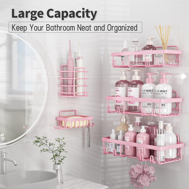 Liuoud Shower Caddy 5 Pack  Bathroom Shower Organizer Rack for Inside Shower  Adhesive Shower Shelf  Shampoo Holder  Shower Basket  Metal Wall Storage  Pink - Image 2