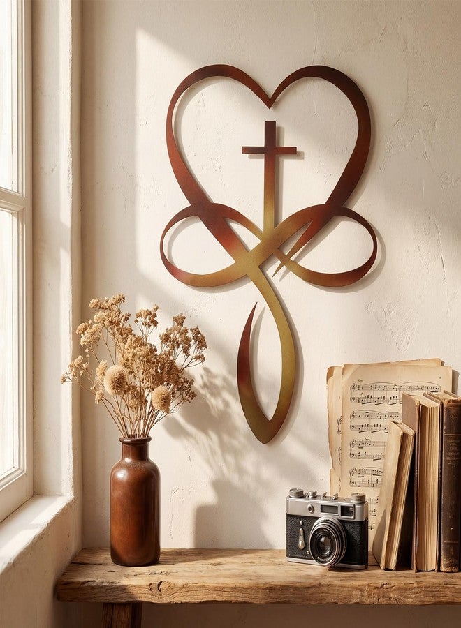 Pelopy Metal Infinity Heart Cross Wall Decor Cross Decorative Wall Art Bronze Heart and Love Sign Plaques Love Gift for Home Decor Wedding Room Bedroom Living Room Decoration - Image 1