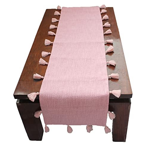 Dekor World 1 Piece Cotton Merit Tassel Collection Table Runner (Pink, 33x180 cm or 13x72 Inches or 6 Seater Table)-for Dining Room and Living Room - Image 1