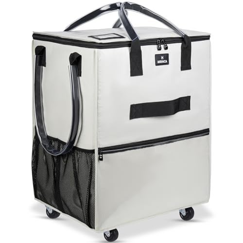 MRINCA Large Reusable Grocery Bag On Wheels, 130L Foldable Rolling Tote with 5 Wheels, Multiple Pockets, Zippered Top & Heavy Duty Handle, Lightweight Shopping Cart for Groceries, Travel, Beige - Image 1