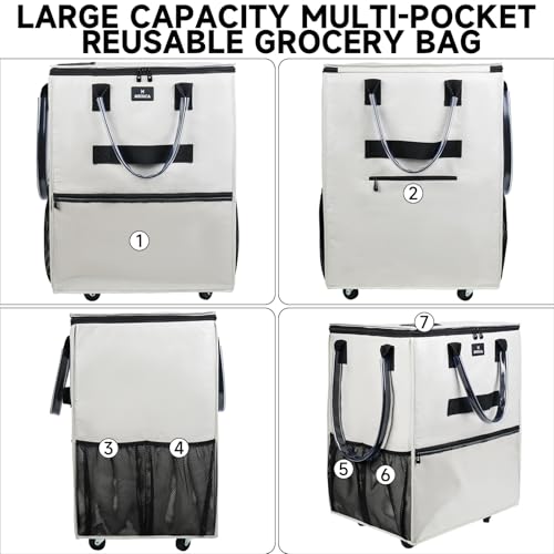 MRINCA Large Reusable Grocery Bag On Wheels, 130L Foldable Rolling Tote with 5 Wheels, Multiple Pockets, Zippered Top & Heavy Duty Handle, Lightweight Shopping Cart for Groceries, Travel, Beige - Image 3