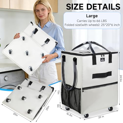 MRINCA Large Reusable Grocery Bag On Wheels, 130L Foldable Rolling Tote with 5 Wheels, Multiple Pockets, Zippered Top & Heavy Duty Handle, Lightweight Shopping Cart for Groceries, Travel, Beige - Image 2