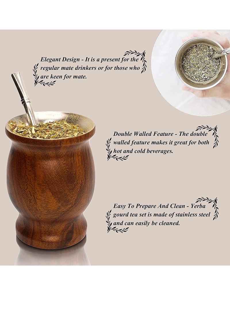 Double Walled Stainless Steel Yerba Mate Cup - 230ml Insulated Gourd with Bombilla Straw, Stylish Wood Grain Finish for Loose Leaf Tea Lovers - Image 4