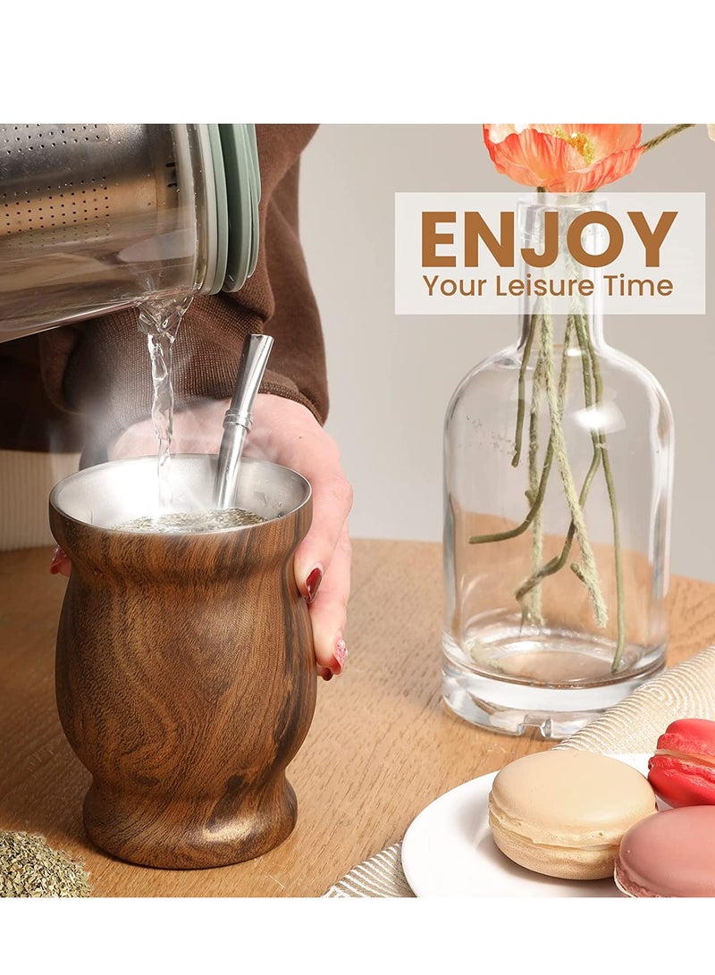 Double Walled Stainless Steel Yerba Mate Cup - 230ml Insulated Gourd with Bombilla Straw, Stylish Wood Grain Finish for Loose Leaf Tea Lovers - Image 3