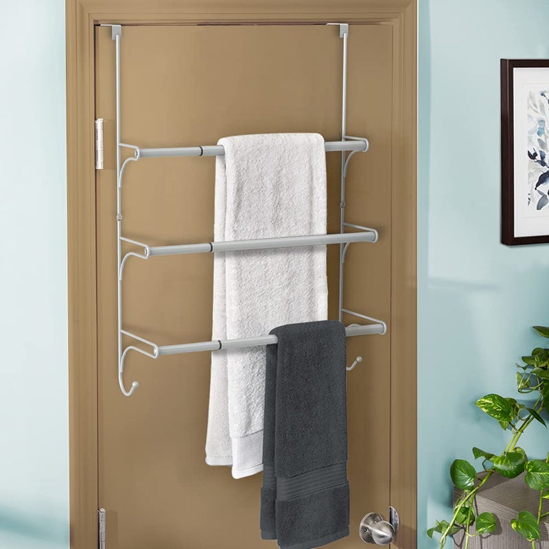 Auledio Adjustable Over The Door Triple Towel Rack with Hooks,Silver - Image 3