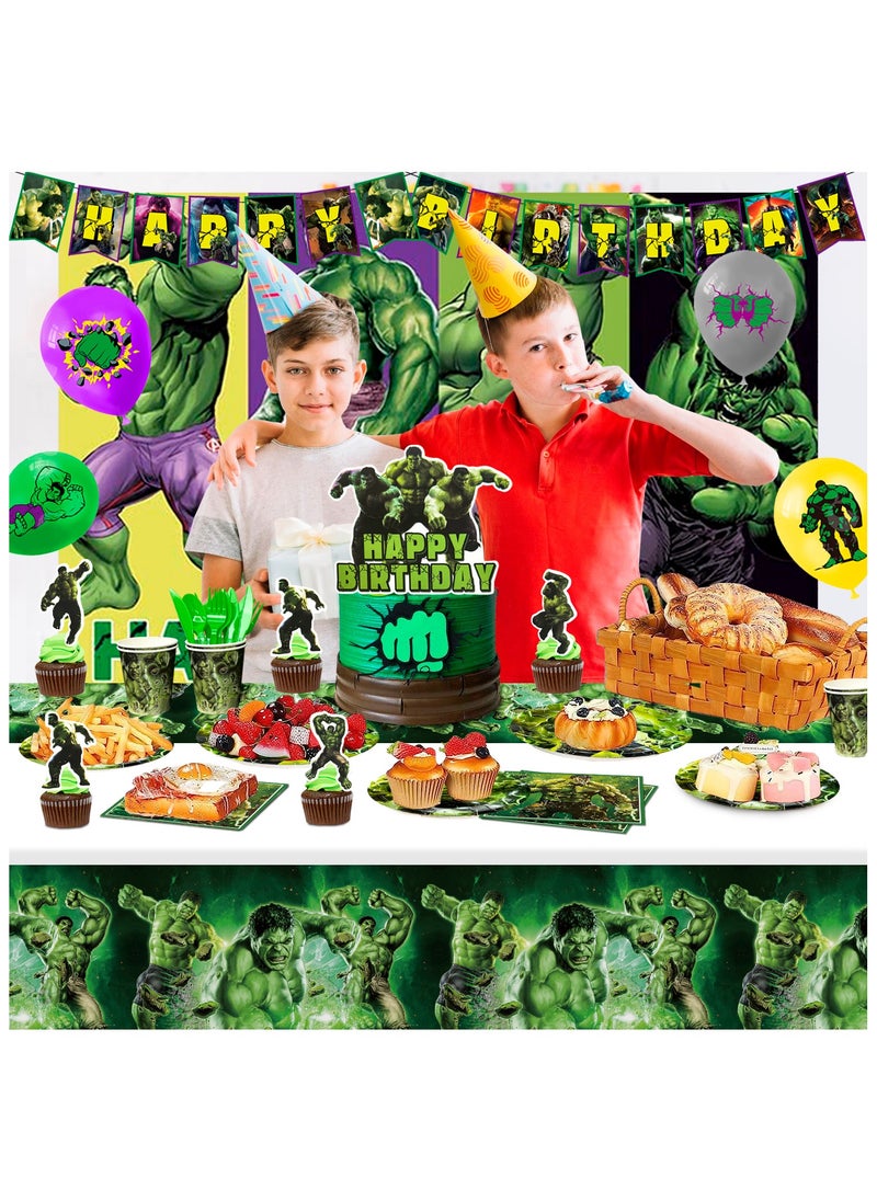 Hulk Birthday Party Decorations for 10 Guests, 112pcs Hulk Party Disposable Tableware Set Hulk Themed Backdrop