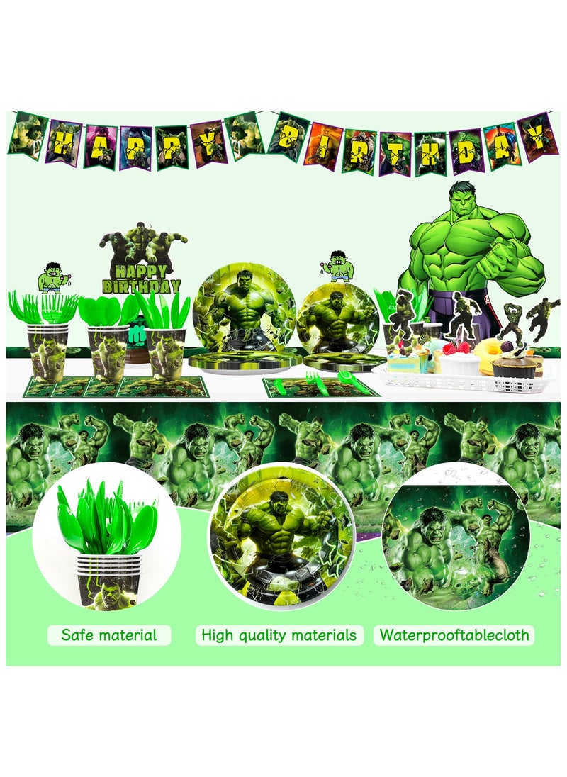 Hulk Birthday Party Decorations for 10 Guests, 112pcs Hulk Party Disposable Tableware Set Hulk Themed Backdrop