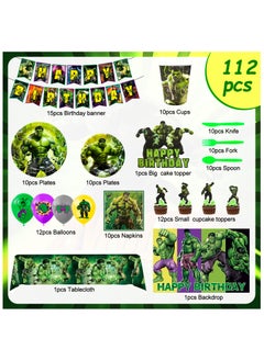FRUITFUL PARTY Hulk Birthday Party Decorations for 10 Guests, 112pcs Hulk Party Disposable Tableware Set Hulk Themed Backdrop  - Image 2