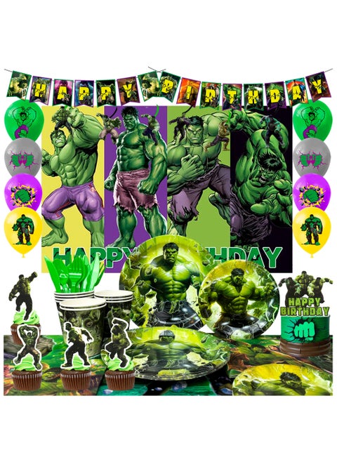 Hulk Birthday Party Decorations for 10 Guests, 112pcs Hulk Party Disposable Tableware Set Hulk Themed Backdrop