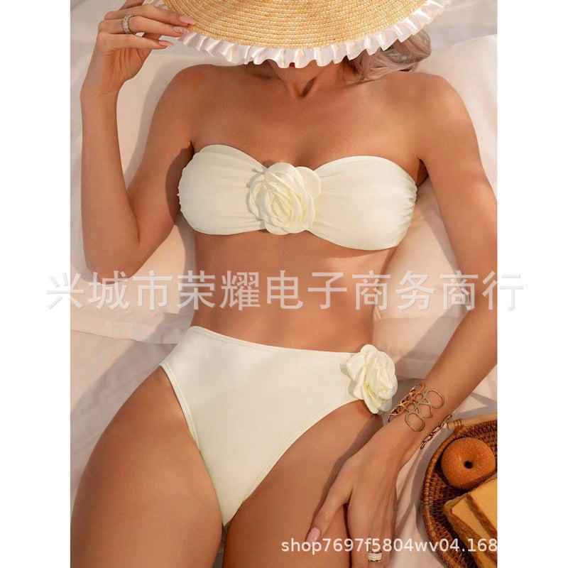 New Rose Tube Top Swimsuit Solid Color Split Swimsuit Bikini Bikini 2024 - Image 3