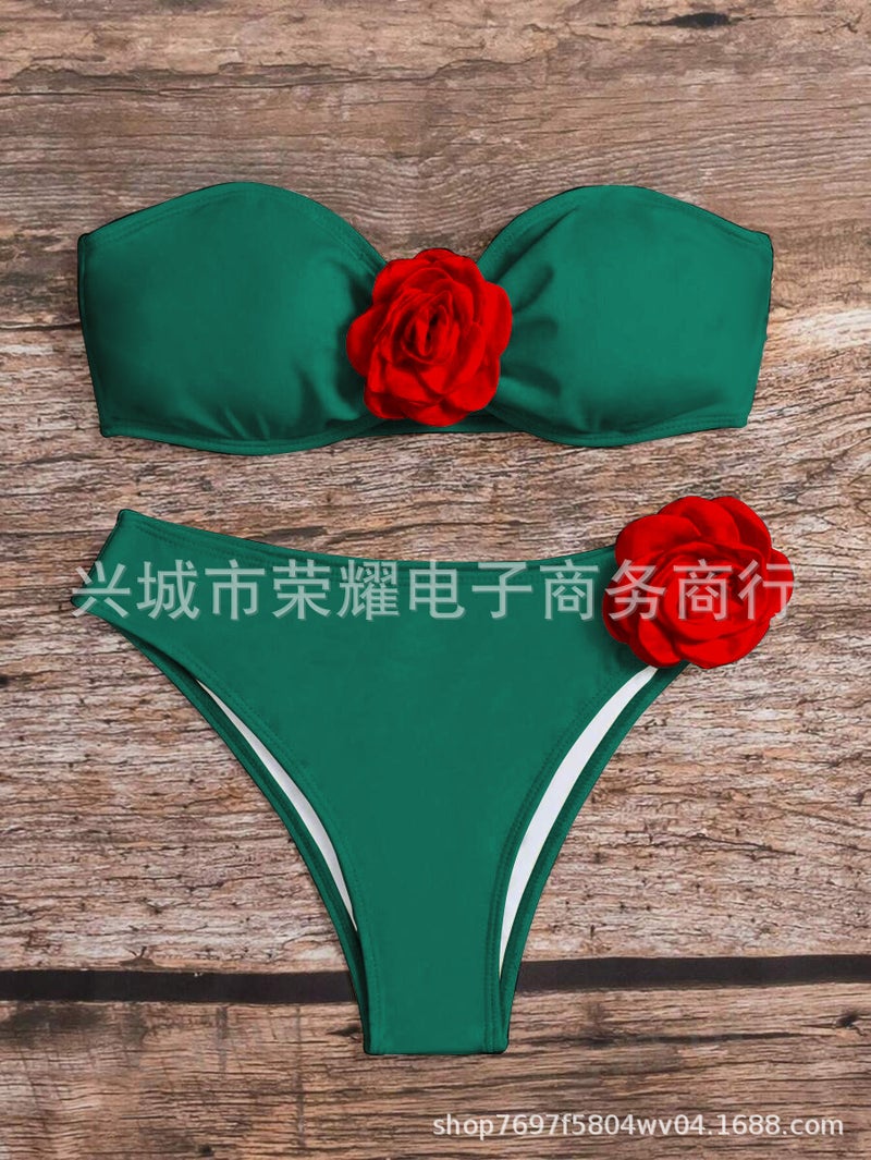 New Rose Tube Top Swimsuit Solid Color Split Swimsuit Bikini Bikini 2024 - Image 1